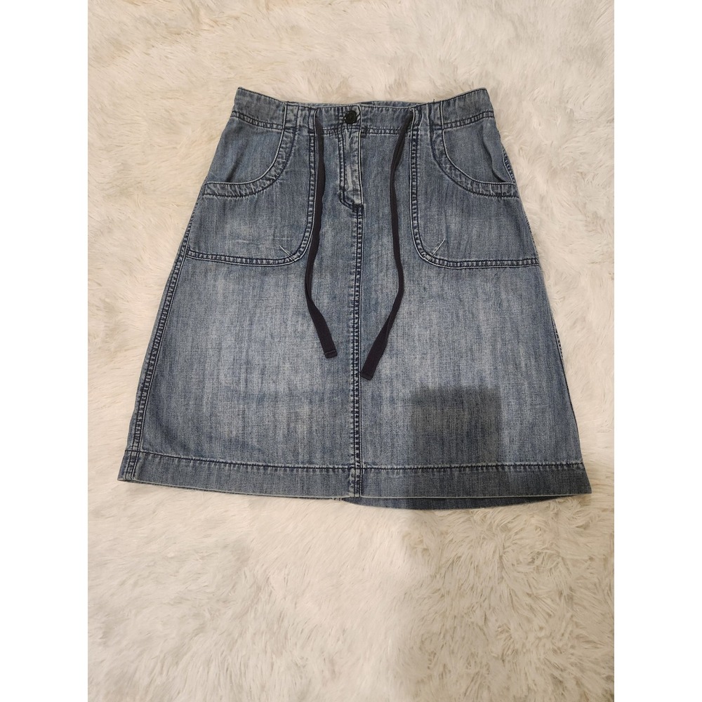 Talbots Denim Mini Skirt Size 4 Medium Wash Cotton Drawstring A-Line Pockets